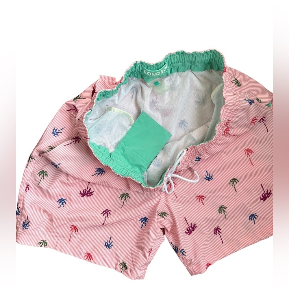 Bonobos Riviera Recycled Swim Trunks Pink Stripes Palm Trees 7” Inseam Size L - Picture 9 of 10